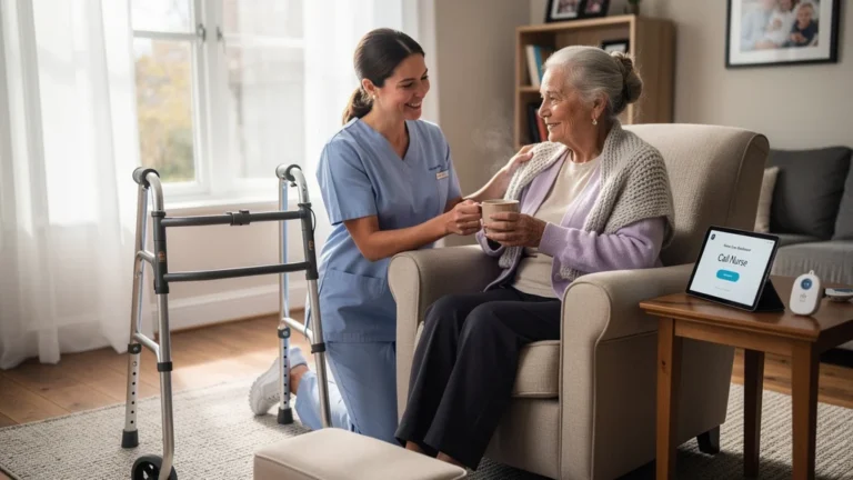 Assistance à domicile personnalisée avec aide et confort pour personnes âgées dans un intérieur chaleureux