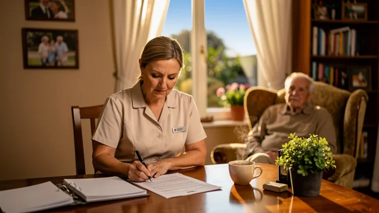 Contrat de travail pour aide à domicile signé dans un intérieur chaleureux, symbole de confiance et professionnalisme
