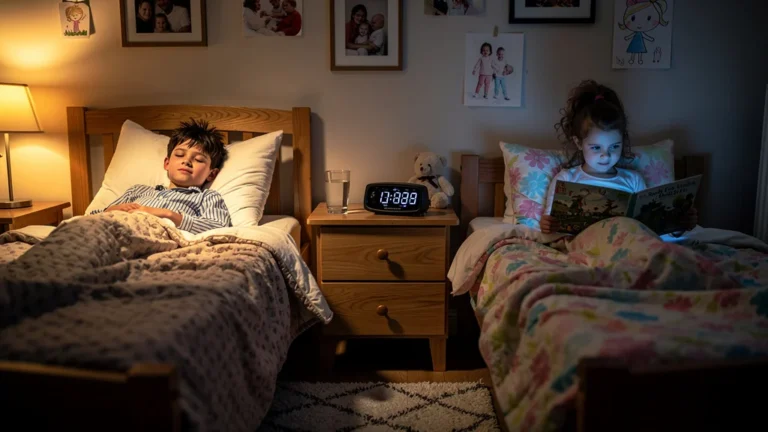 Photo réaliste d’un coucher décalé entre l’aîné et la cadette, famille et résultats après 3 semaines