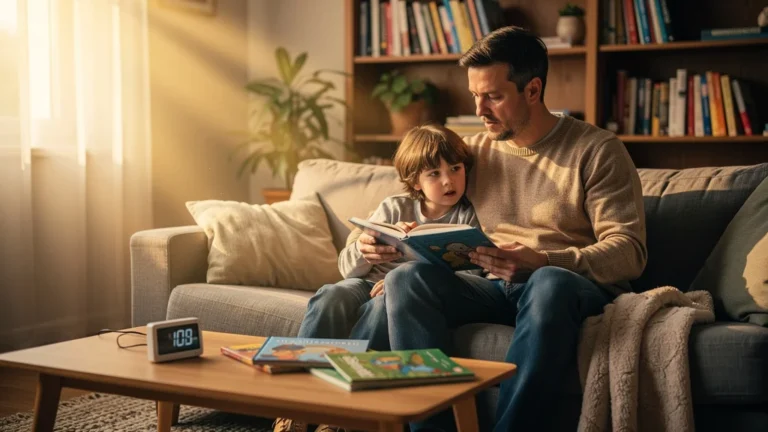 Père et fils de 7 ans lisant à voix haute ensemble pendant 30 jours avec un minuteur
