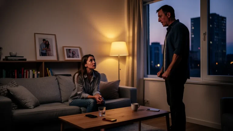 Couple en tension dans un salon, émotions révélées après une crise, moment intime et bouleversant