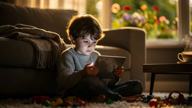 Enfant devant une tablette, strabisme inattendu causé par trop de temps d’écran facile