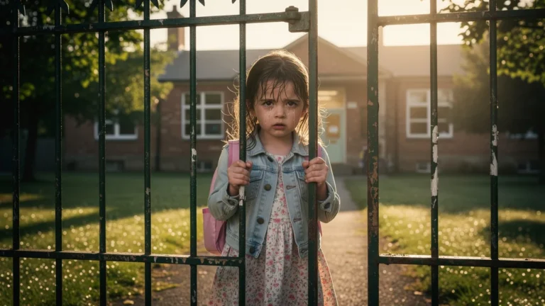 Jeune fille pleurant devant le portail de l'école lors de la rentrée scolaire