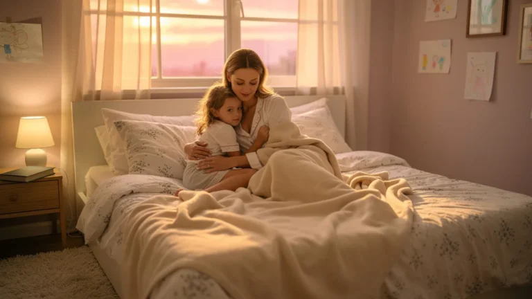 Parent and six-year-old daughter sharing a cozy, temporary bedtime in the parental bed, warm dawn light