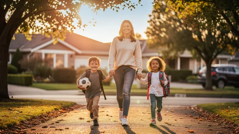 Mère marchant 20 minutes après l’école avec ses deux enfants dans un quartier paisible