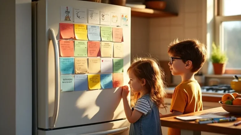 Installé un planning visuel pour 5 et 8 ans sur le frigo pendant 5 semaines