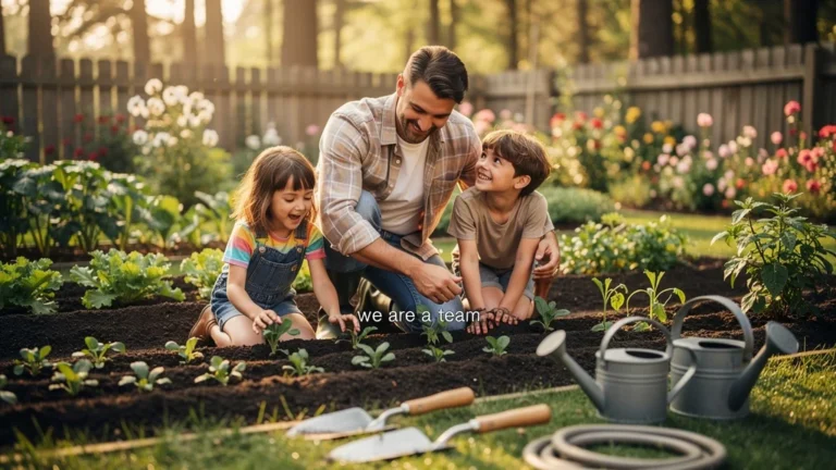 Famille plantant un potager ensemble, enfants heureux réglant disputes du samedi par travail d'équipe