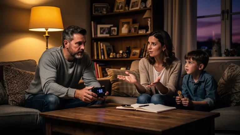 Famille réunie chaque dimanche soir pour un conseil de famille avec minuteur et tour de parole strict