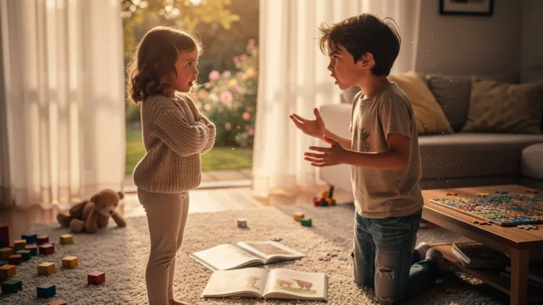 Deux enfants frères et sœurs en dispute constructive dans un salon lumineux et chaleureux