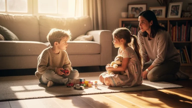 Enfant et parent dans salon lumineux discutant après un conflit, soutien parental après 5 ans