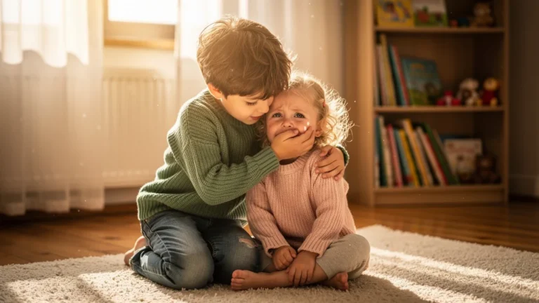 Photo réaliste d’un garçon de 7 ans consolant tendrement sa petite sœur en pleurs à la maison