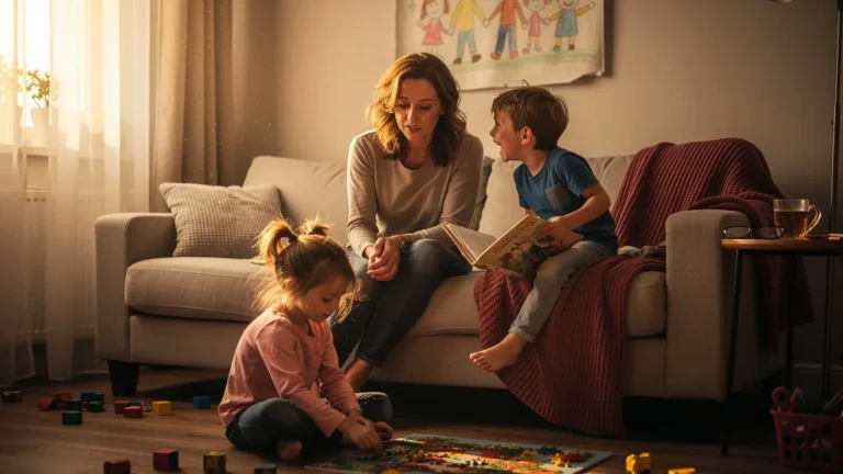 Mère acceptant que ses enfants ne soient pas comme dans les livres, moment émotionnel intime