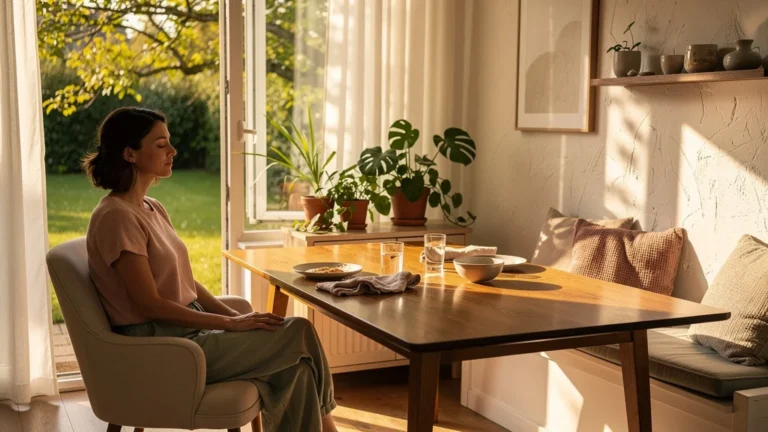 Temps calme après le déjeuner pour se reposer efficacement sans sieste forcée, ambiance paisible et lumineuse