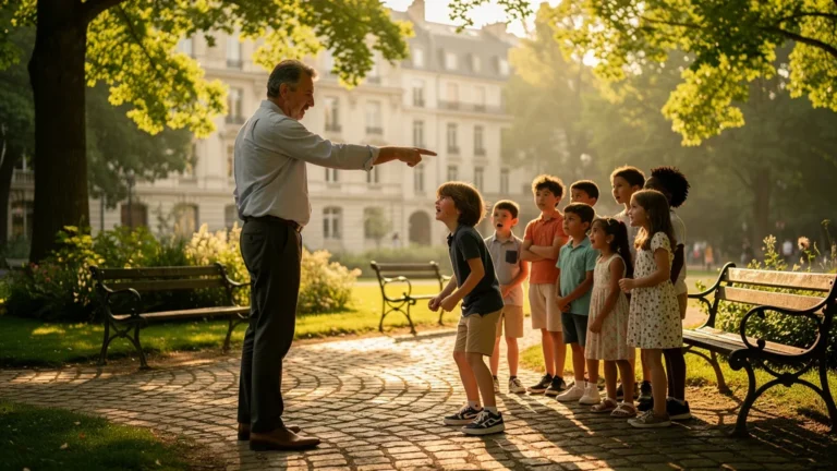 Scène réaliste de punition d’un enfant devant ses amis au parc de Tours en fin d’après-midi