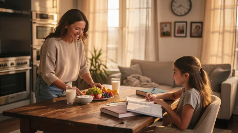 Jeune fille faisant ses devoirs à 18h après un goûter sain, ambiance chaleureuse et apaisante à la maison