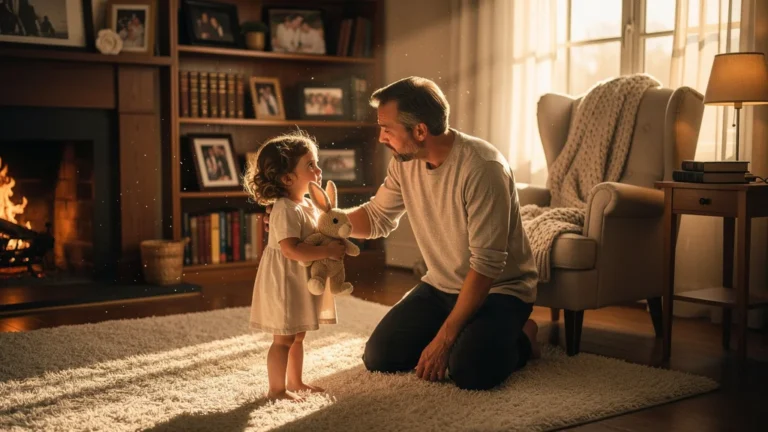 Père et fille de 4 ans échangeant sur la vérité et le mensonge avec émotion dans un salon chaleureux