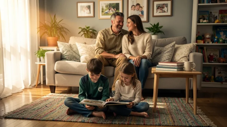 Famille unie assise ensemble, symbolisant la fin des disputes devant les enfants et l’harmonie retrouvée
