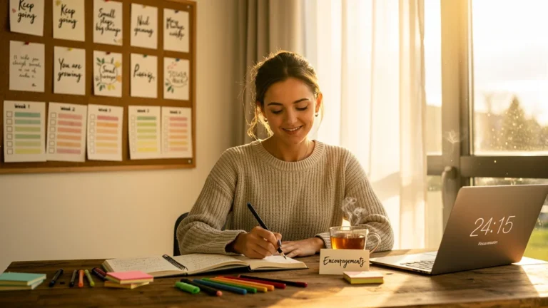 Femme motivée remplaçant récompenses par encouragements précis dans un bureau lumineux et chaleureux