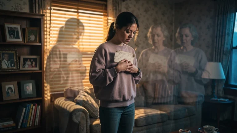 Jeune femme songeuse reprenant sans filtre les critiques éducatives maternelles dans un salon chaleureux et nostalgique