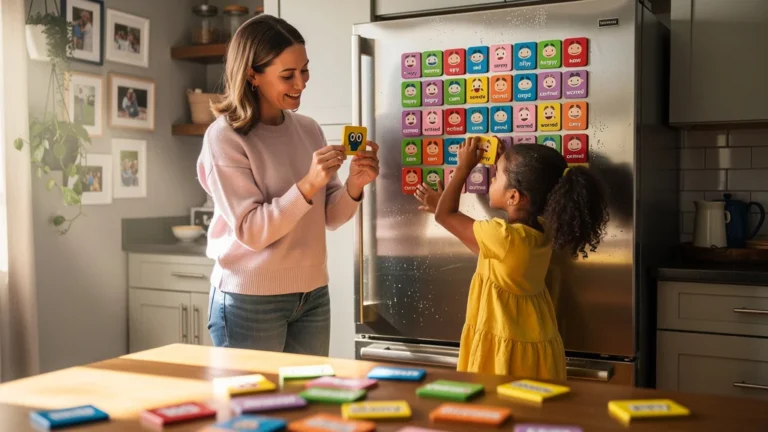 Famille utilisant un tableau des émotions aimanté sur le frigo pendant 5 semaines