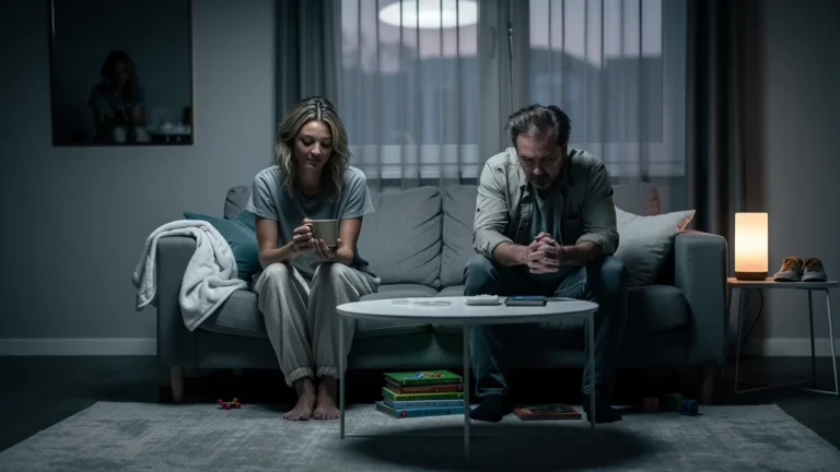 Un couple épuisé en silence dans leur salon au petit matin, symbole de la fatigue parentale constante